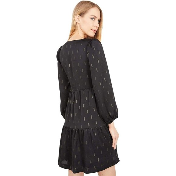 EUC Madewell Black Metallic Jacquard Faux-Wrap Tiered Mini Dress Small - Picture 2 of 12